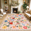 Dark Beige Floral Area Rug – Washable, Low-Pile & Non-Slip