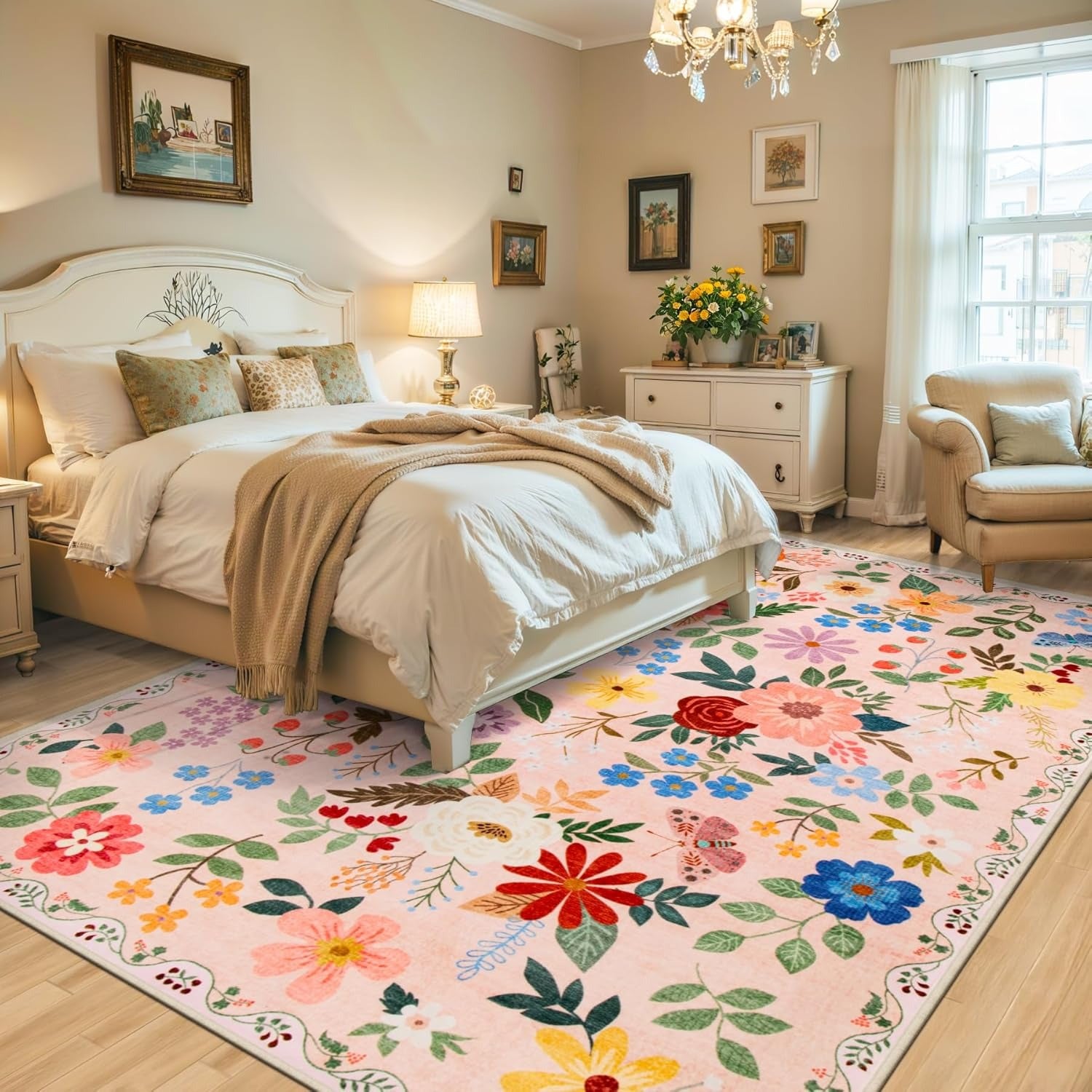 Dark Beige Floral Area Rug – Washable, Low-Pile & Non-Slip