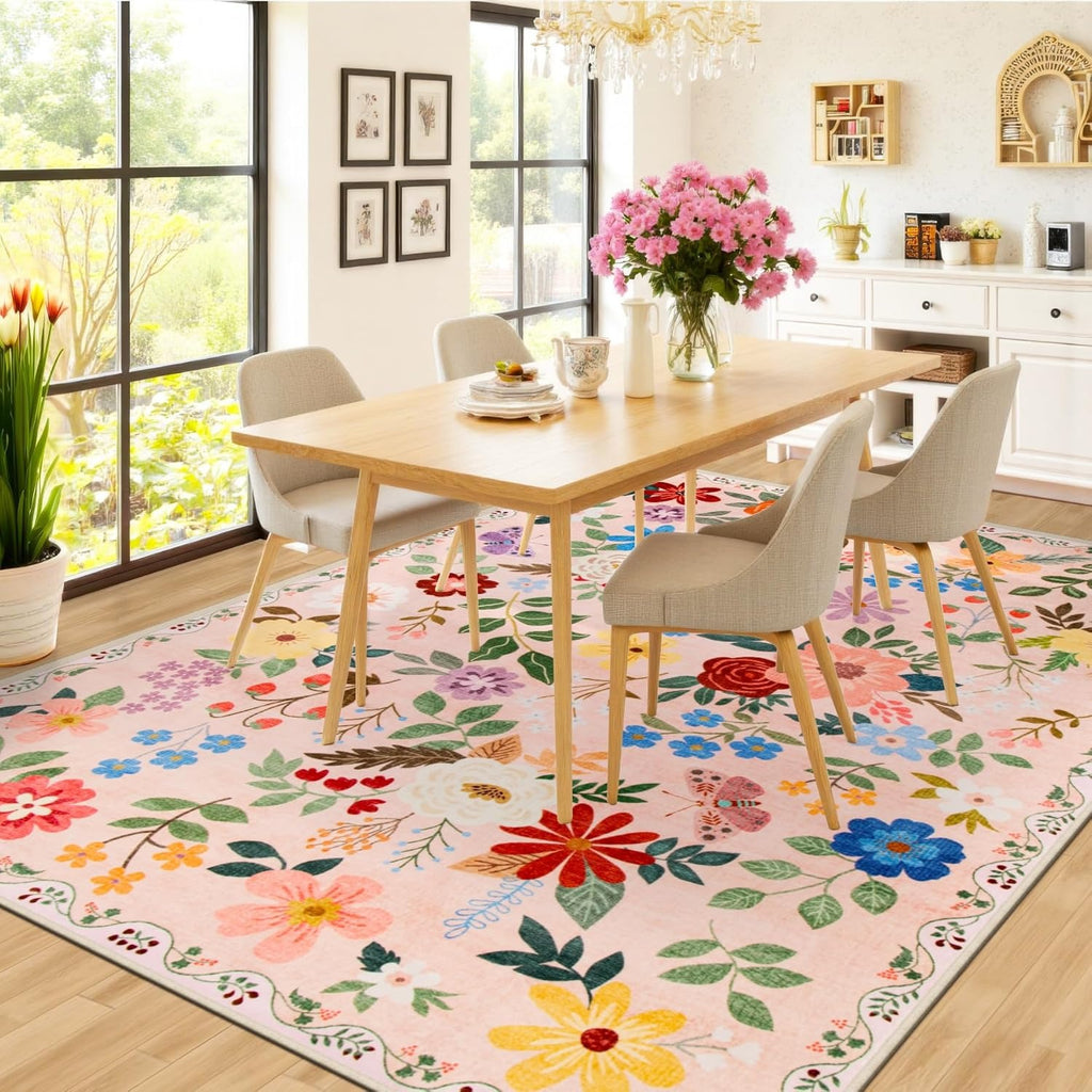 Dark Beige Floral Area Rug – Washable, Low-Pile & Non-Slip