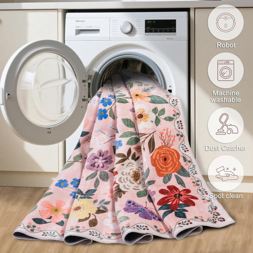 Dark Beige Floral Area Rug – Washable, Low-Pile & Non-Slip